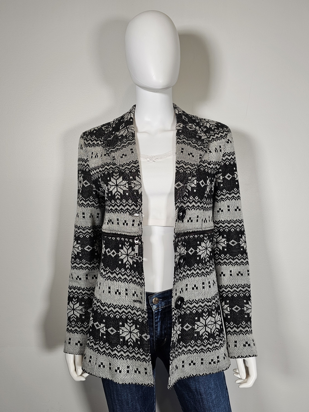 Joseph Ribkoff Black and Gray Fair Isle Open Zip Off Cardigan Sz 6